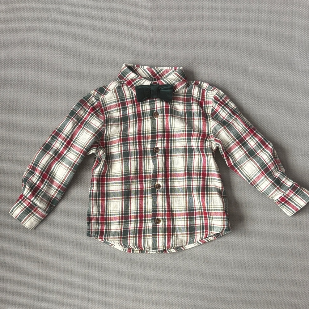 Tommy Bahama Kids red and green flannel Shirt with Bow Tie sz 18 months